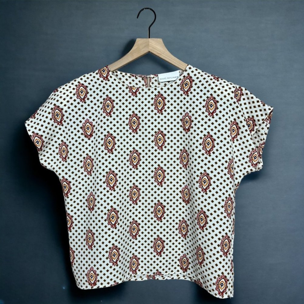 David Benjamin Vintage Printed Medallion Cap Sleeve Boxy Crop Blouse